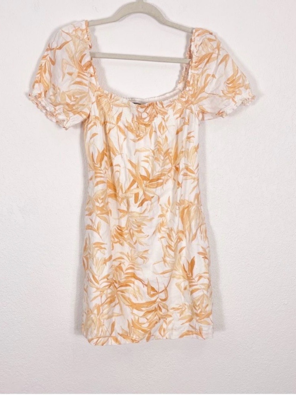 Abercrombie & Fitch White with Orange Leaf Print Short Sleeve Linen Blend Dress